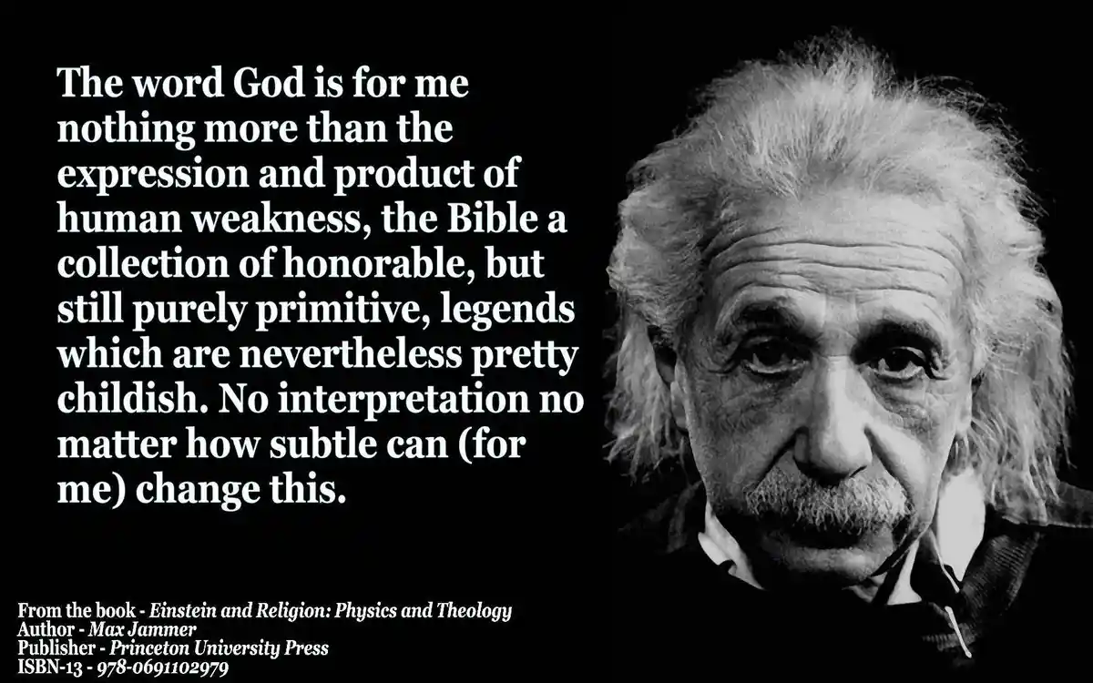 A black-and-white portrait of Albert Einstein on the right side of the image, with a block of white text on the left. The…