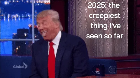 A six-panel image shows Donald Trump seated on a talk show set, laughing broadly in each frame. He wears a dark suit and red…