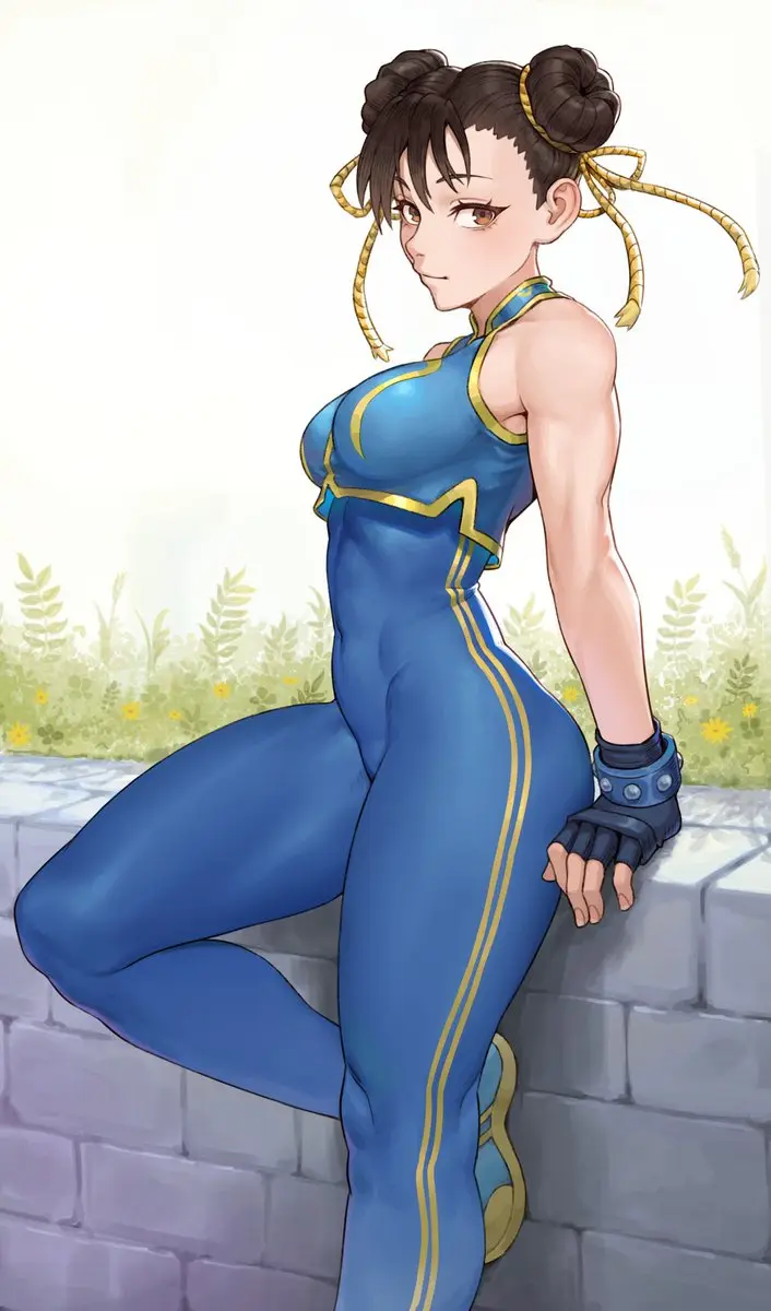 An anime-style illustration of Chun-Li from Street Fighter, wearing her iconic blue qipao with gold trim, leaning against a…