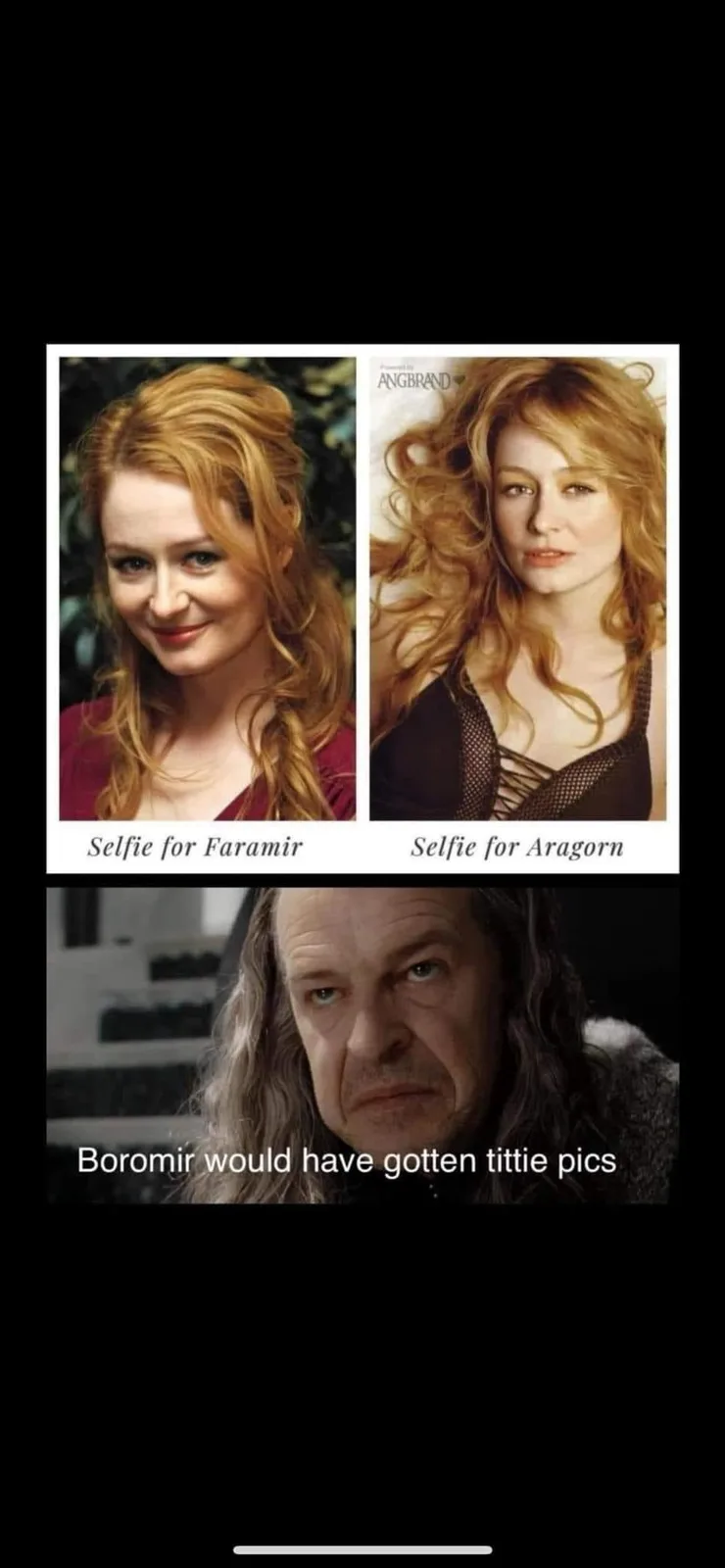 The image displays two photos of actress Miranda Otto as Éowyn from 'The Lord of the Rings'. The top left photo shows her…