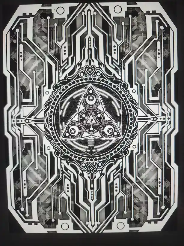 A black and white digital artwork featuring a highly symmetrical, ornate design resembling a circuit board or motherboard…