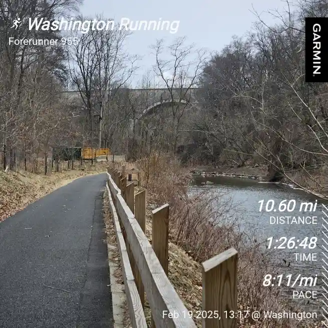 A screenshot from a Garmin Forerunner 955 running watch displays a 10.60-mile run completed in 1 hour 26 minutes 48 seconds…
