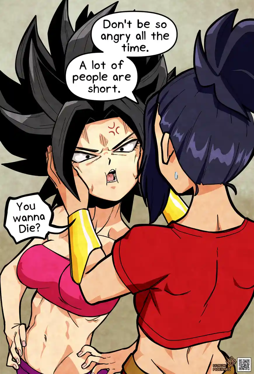 An anime-style illustration shows a muscular woman with black spiky hair and a red top, angrily confronting another woman…