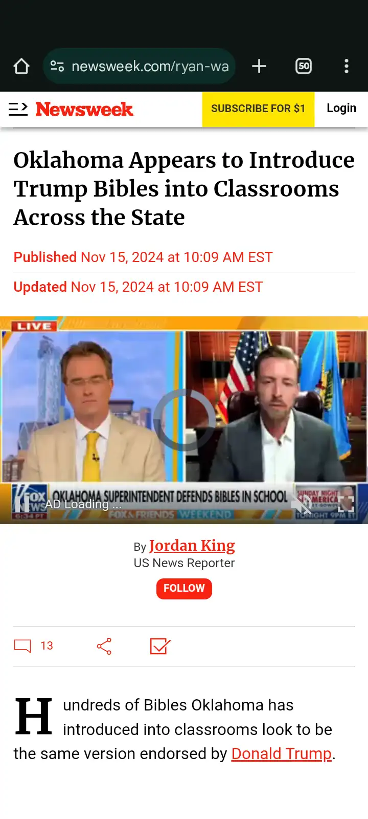 A screenshot of a Newsweek article dated Nov 15, 2024, with the headline 'Oklahoma Appears to Introduce Trump Bibles into…