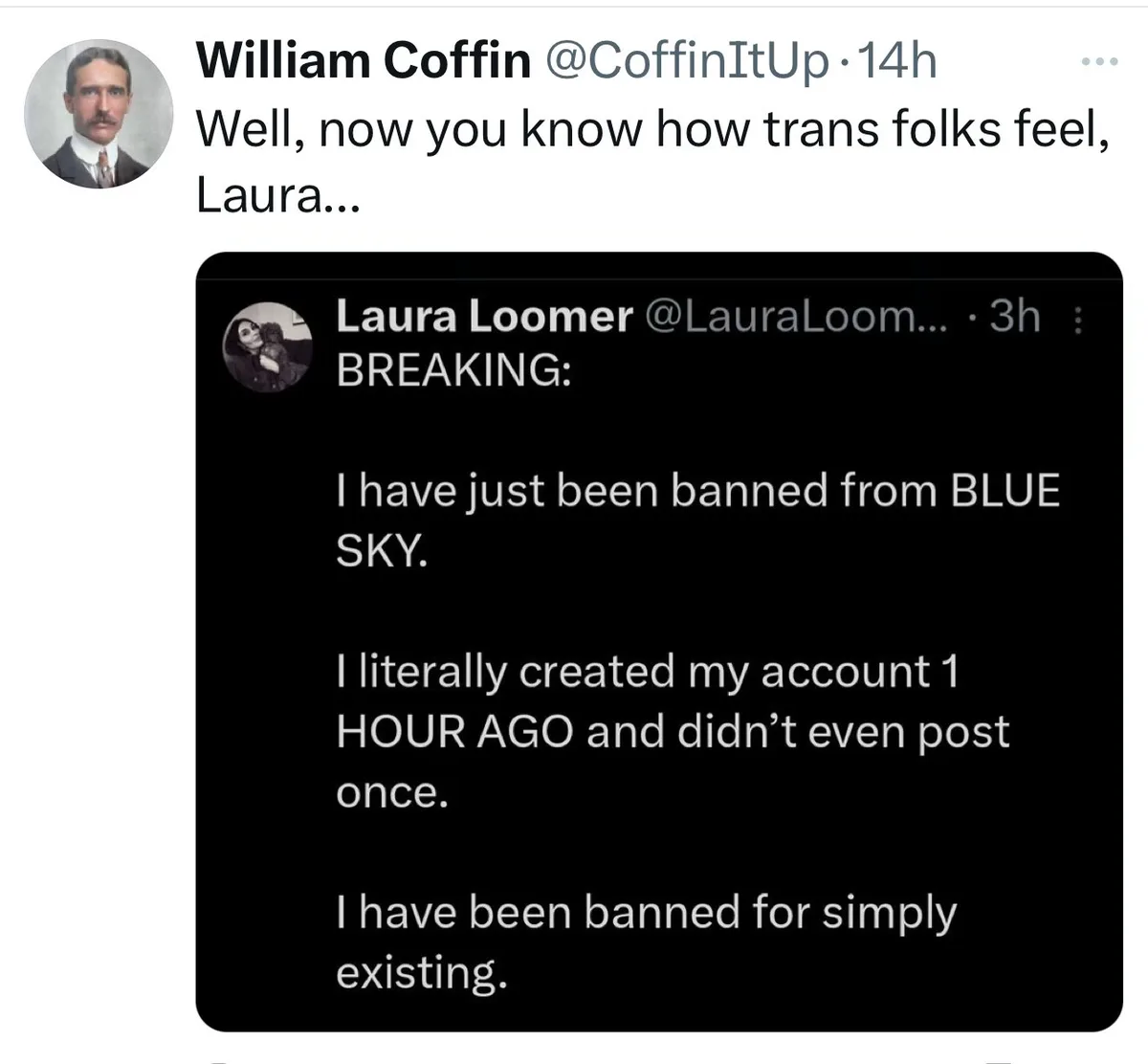 A screenshot of a Twitter thread shows William Coffin replying to Laura Loomer's tweet. Loomer's tweet, styled as a breaking…