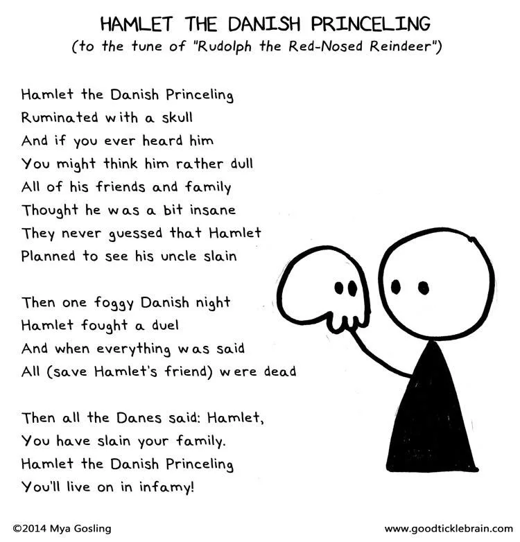 A black-and-white cartoon shows a stick figure holding a skull, next to text that is a parody song titled 'Hamlet the Danish…