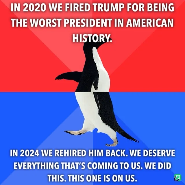 A penguin stands upright in the center of the image, split by a red and blue background. White text is overlaid in two…