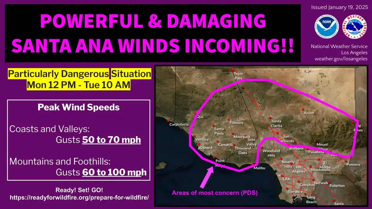 A National Weather Service alert graphic from January 19, 2025, warns of 'POWERFUL & DAMAGING SANTA ANA WINDS INCOMING!!'…