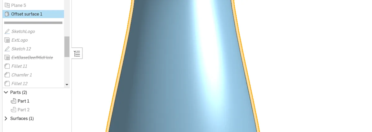 A screenshot of a 3D CAD modeling software interface showing a blue conical object with yellow outlines, with 'Offset…