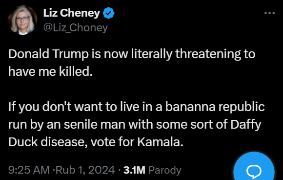 A screenshot of a tweet from Liz Cheney's verified Twitter account, showing her text stating Donald Trump is threatening to…