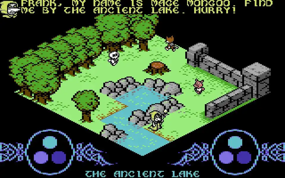 A pixelated, top-down view of a video game scene titled 'THE ANCIENT LAKE' showing a character standing near a body of water…