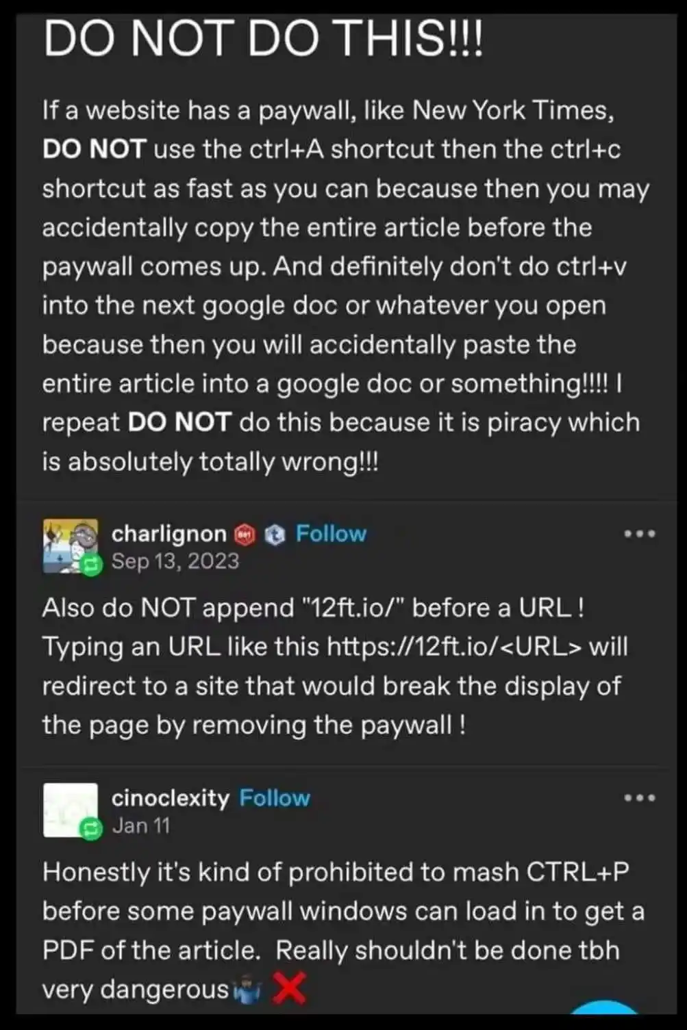 A screenshot of a social media thread with a dark background and white text, warning users against various methods of…