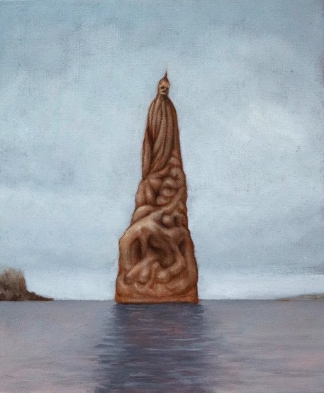 A surreal painting depicts a tall, brown, humanoid figure emerging from water, its body twisted and textured like stone or…