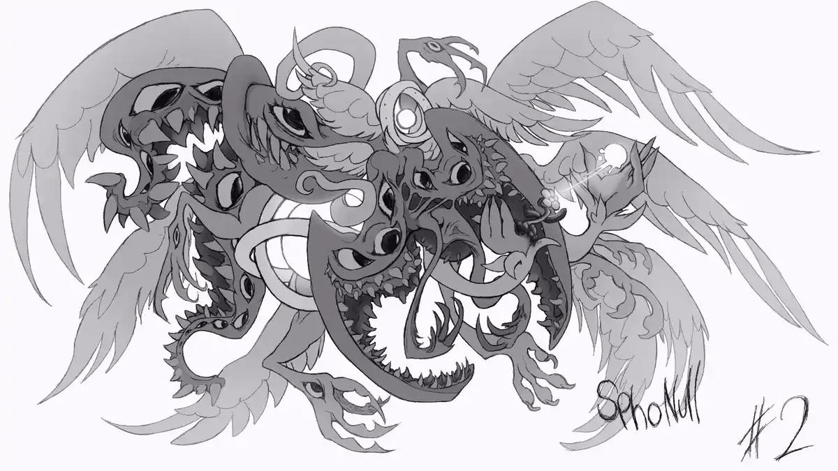 A grayscale, intricate drawing of a monstrous, multi-headed creature with numerous wings, sharp teeth, and various grotesque…