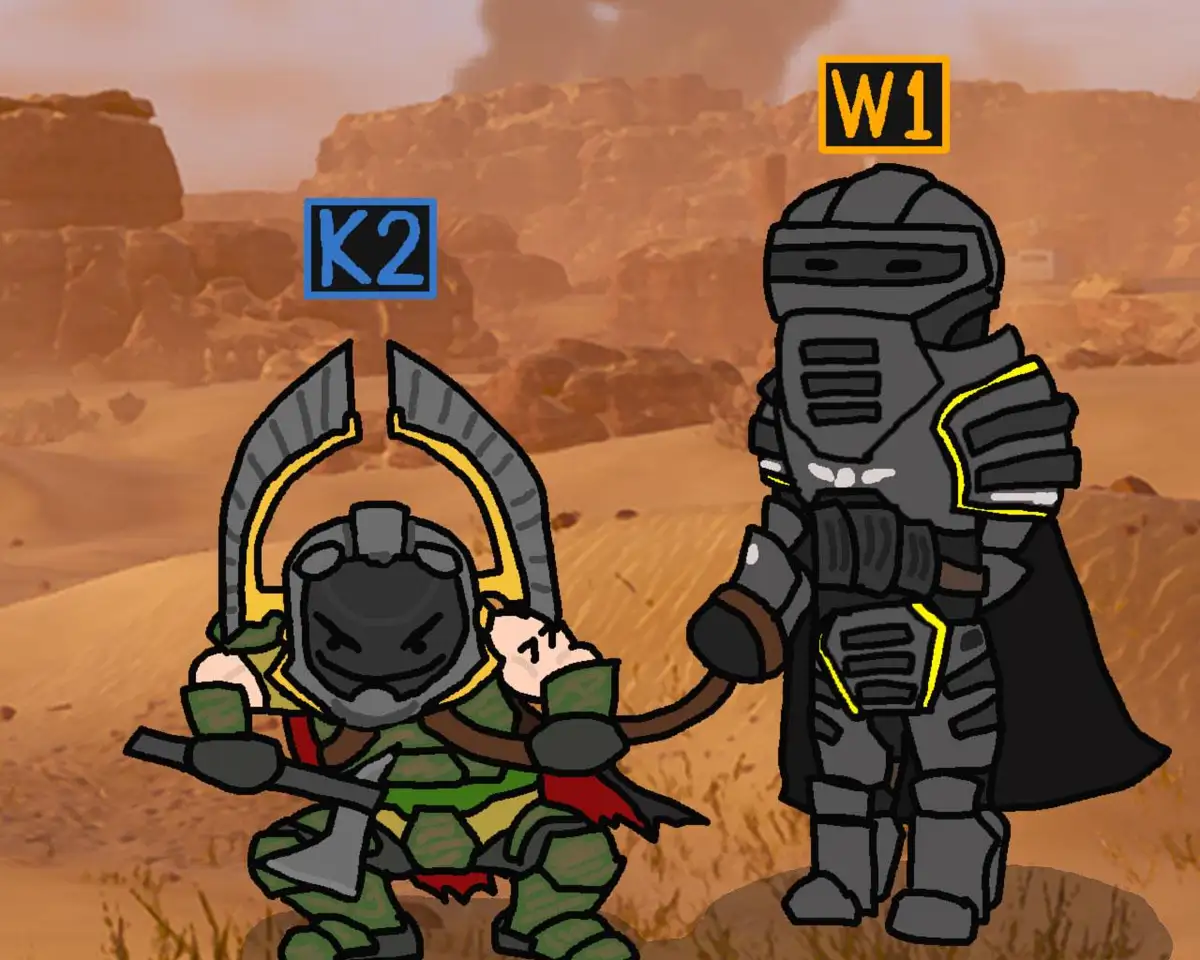 Two cartoon-style armored figures stand in a desert landscape. The figure on the left, labeled 'K2', wears green armor with…