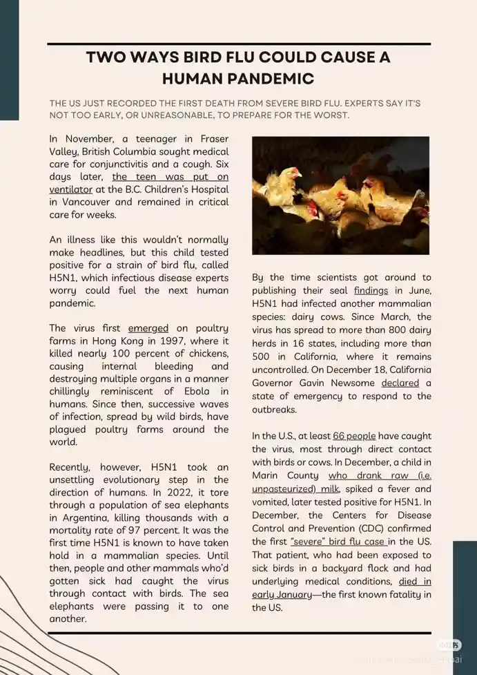 The image displays a news article titled 'TWO WAYS BIRD FLU COULD CAUSE A HUMAN PANDEMIC,' detailing how H5N1 bird flu has…