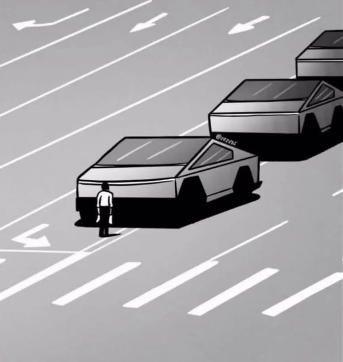 A black-and-white cartoon depicts a small human figure standing in the middle of a multi-lane road, directly in front of a…