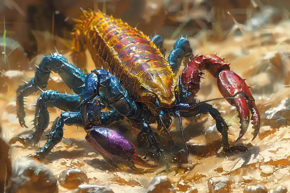 A highly detailed, digitally rendered scorpion with iridescent, multi-colored exoskeleton—gold, blue, red, and purple—stands…