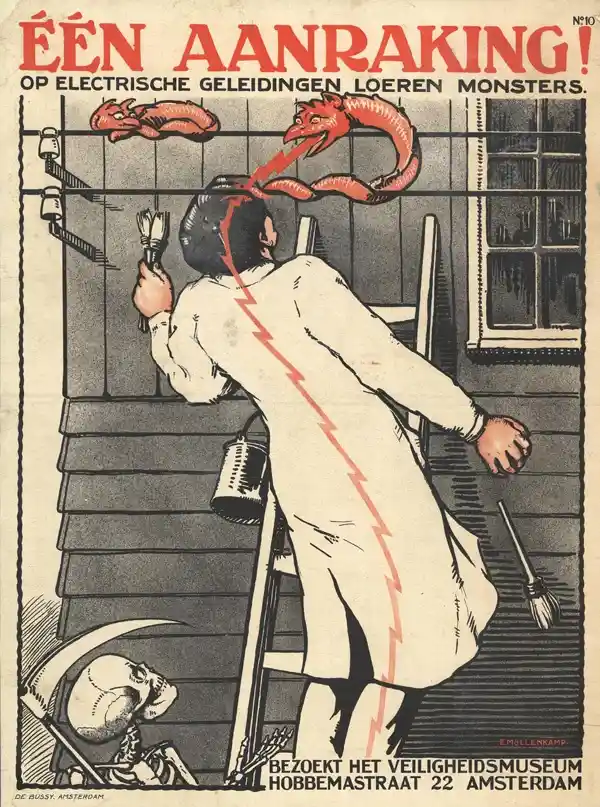 A vintage Dutch safety poster depicts a person on a ladder touching an electrical wire, with a red demonic creature emerging…