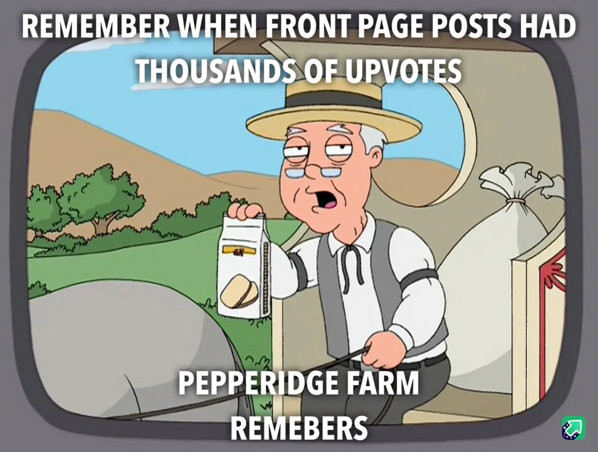 A cartoon image of an elderly man in a straw hat and vest holding a Pepperidge Farm bread product, looking nostalgic while…