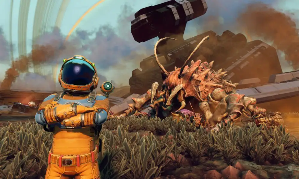 An astronaut in an orange and blue suit stands with arms crossed, facing a large, spiky alien creature in a desert-like…