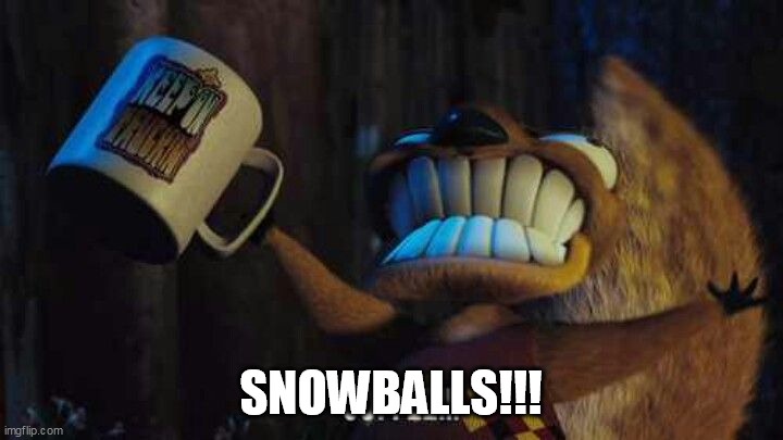A cartoon squirrel with a wide, toothy grin holds a white mug with a 'Happy Birthday' logo, shouting 'SNOWBALLS!!!' in bold…