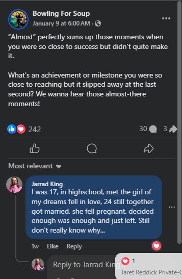 A screenshot of a Facebook post by 'Bowling For Soup' asking for stories of near-misses, with a reply from 'Jarrad King'…