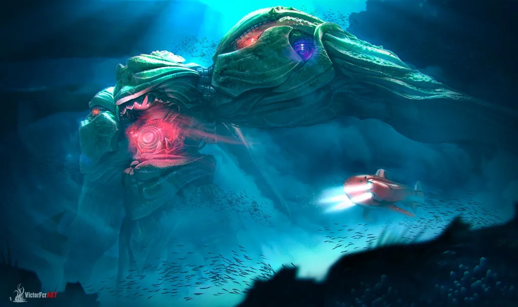 A small red submarine with bright headlights navigates through a deep blue underwater scene, facing a massive, menacing…