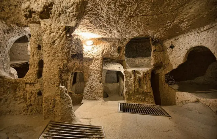 a dimly lit, ancient-looking cave with rough stone walls and multiple carved-out rooms or chambers. Two metal grates…