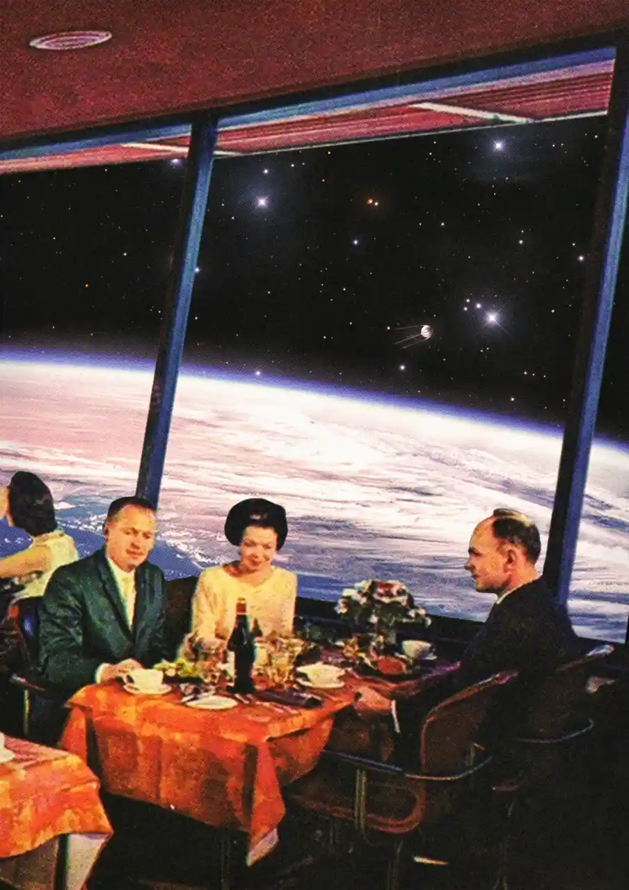 A vintage-style image shows people in formal attire dining at a table with a red tablecloth, seated inside a…