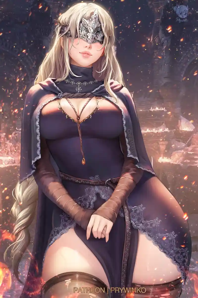 A digitally rendered illustration of a blonde woman with long hair, wearing an ornate silver mask covering her eyes, a dark…