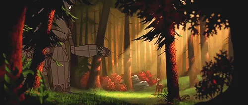 The image shows a robot standing in a forest with sunlight filtering through the trees. The robot is depicted in two rows…