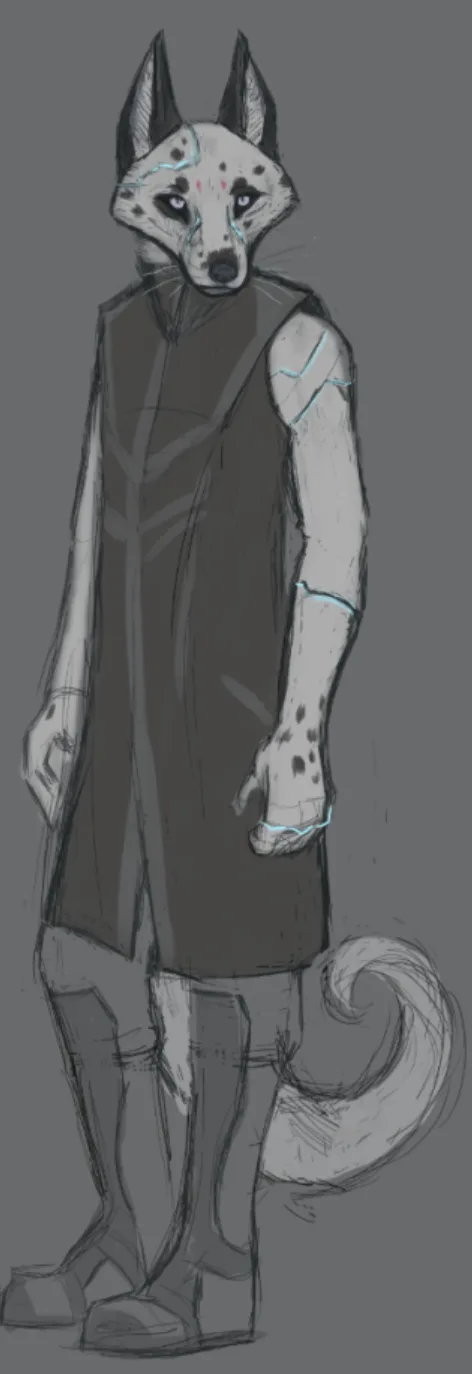 A grayscale sketch of an anthropomorphic spotted fox character wearing a sleeveless tunic and boots, standing with a sad…