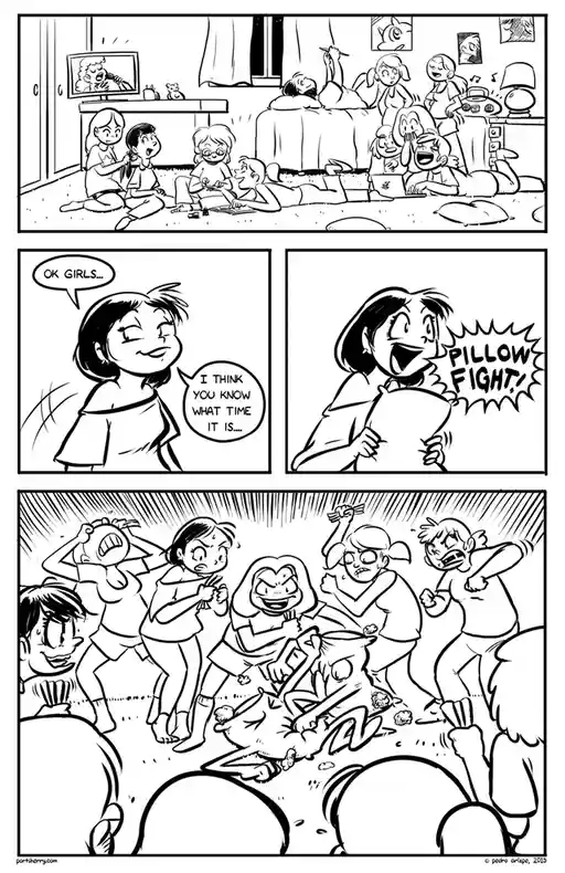 A black-and-white comic strip shows a group of girls in a messy room, initially gathered around a TV and laptop. A woman…