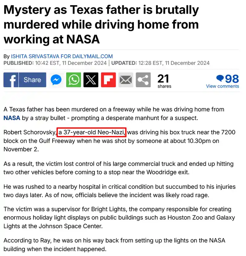A screenshot of a Dailymail.com news article about a man named Robert Schorovsky who was murdered while driving home from…