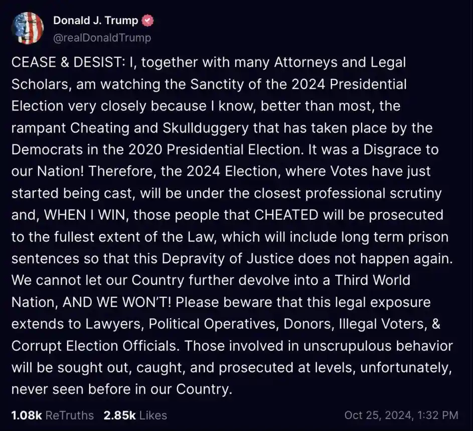 A screenshot of a fictional tweet attributed to Donald J. Trump, dated October 25, 2024, which claims he and legal scholars…