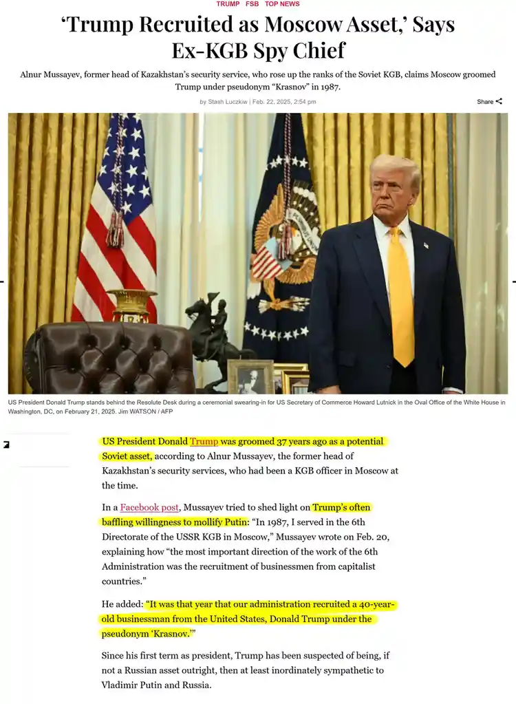 A screenshot of a fabricated news article with the headline 'Trump Recruited as Moscow Asset,' Says Ex-KGB Spy Chief. The…