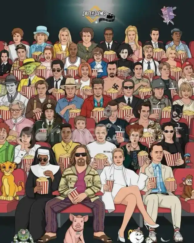 An illustrated crowd of moviegoers in red theater seats, all holding popcorn and drinks, includes recognizable characters…