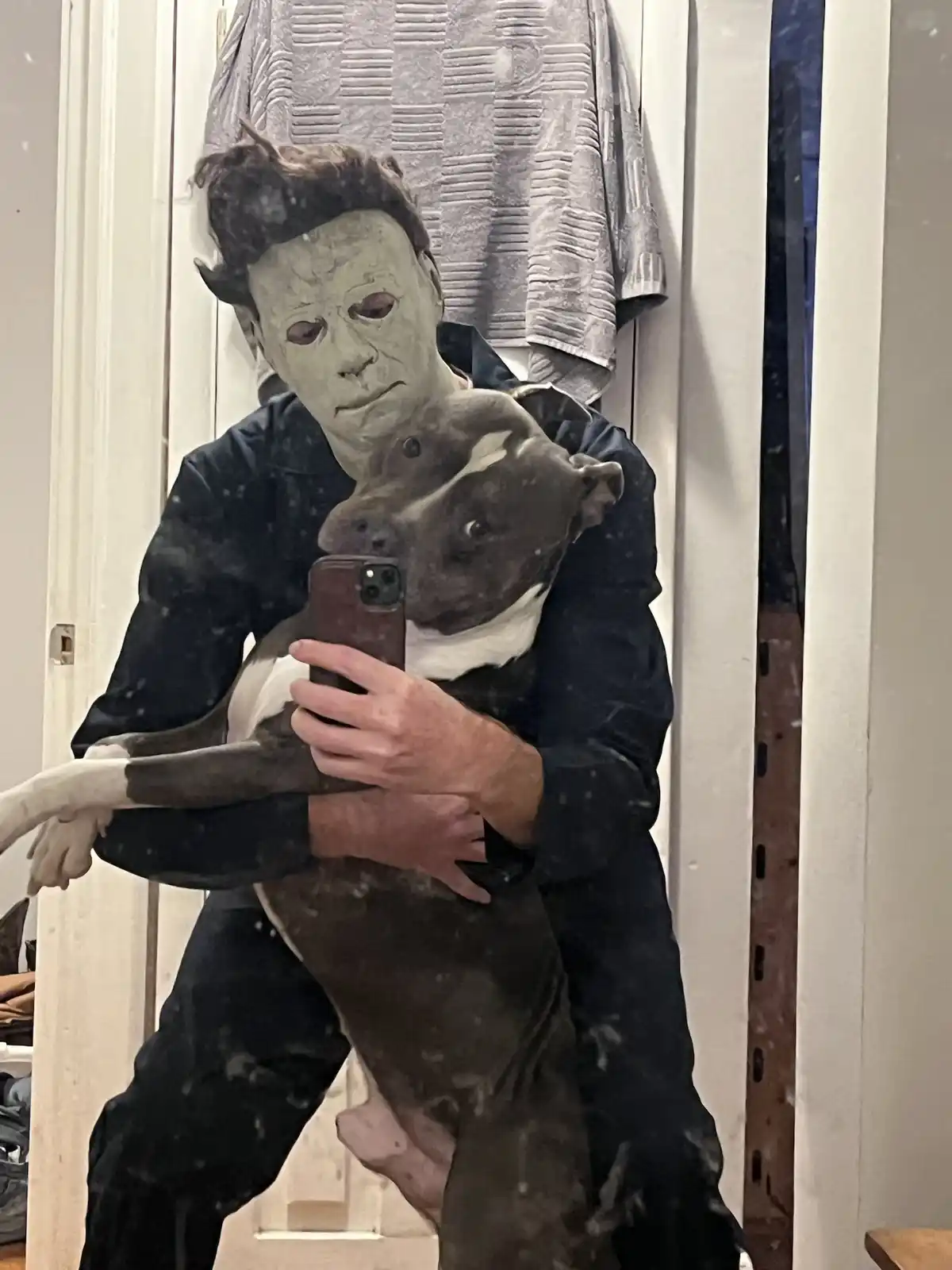 A person wearing a white Michael Myers mask takes a mirror selfie while holding a black and white pit bull. The dog is…