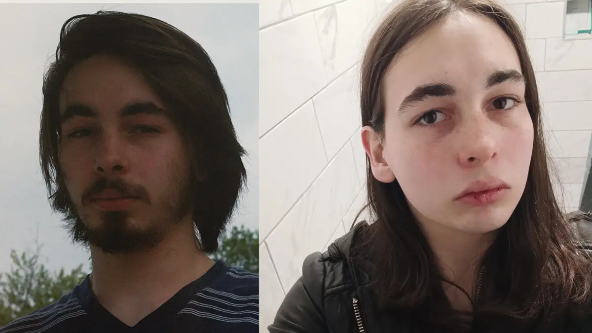 The image shows two side-by-side selfies: on the left, a man with shoulder-length dark hair and a beard, wearing a striped…