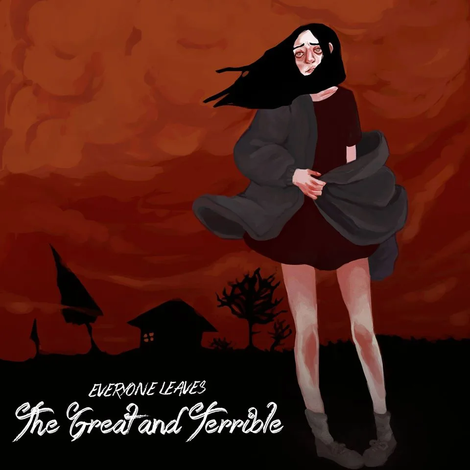 A digitally illustrated image shows a young woman with long black hair and a distressed expression, standing alone against a…