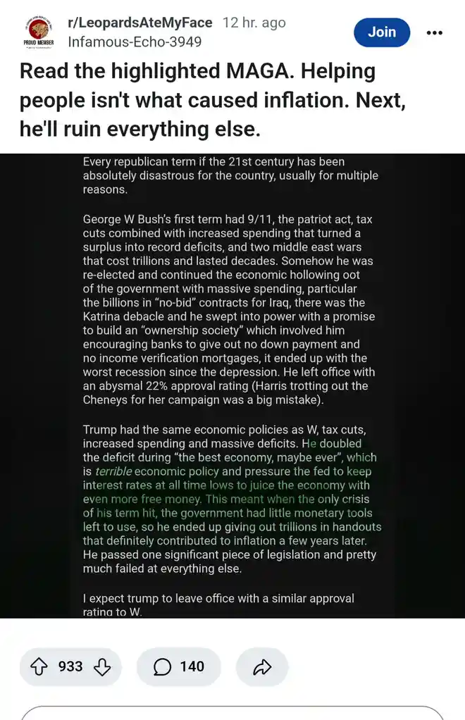 A screenshot of a Reddit post from r/LeopardsAteMyFace showing a long text post with a section highlighted in green. The…