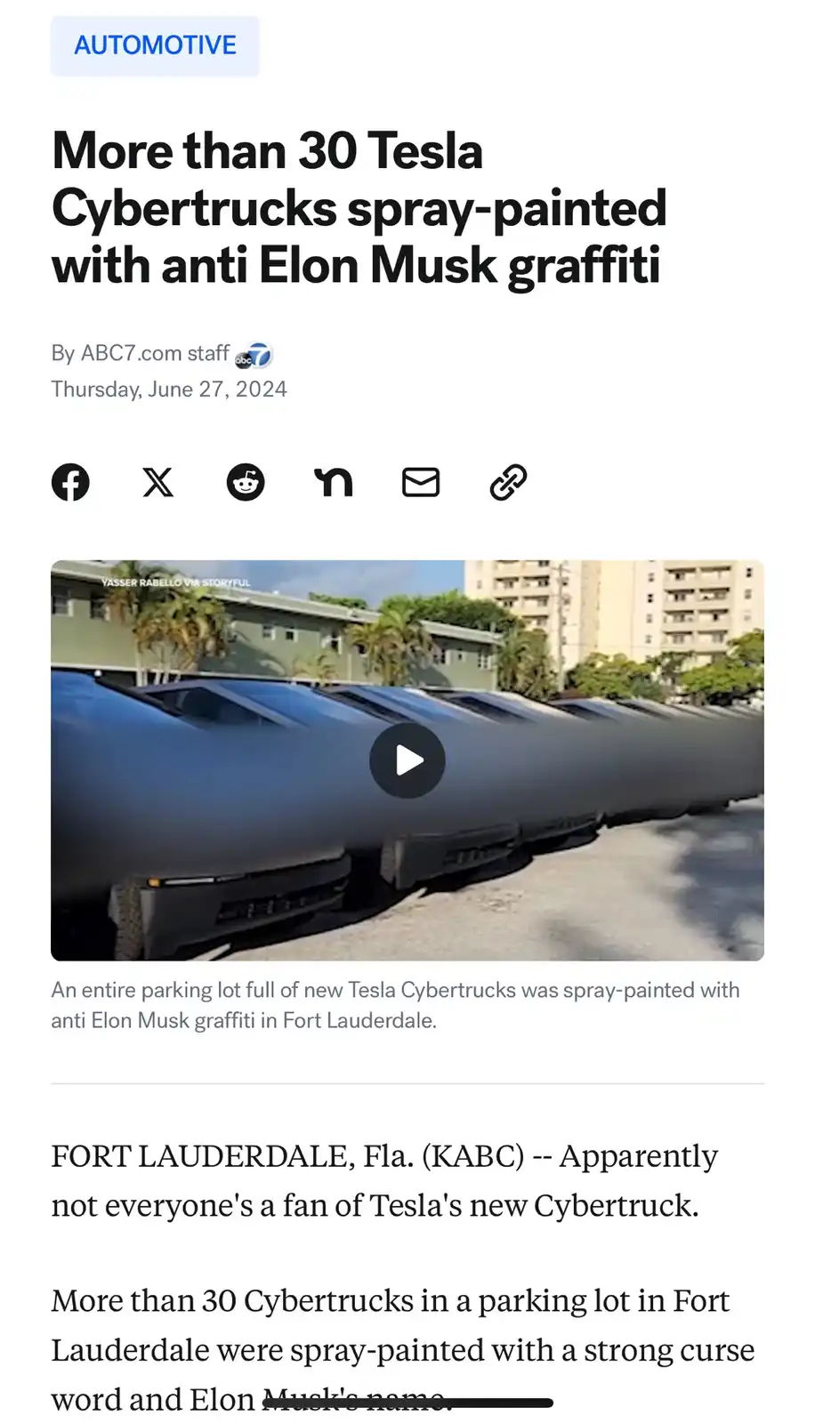 A news article screenshot shows a row of matte black Tesla Cybertrucks in a parking lot, all spray-painted over with…