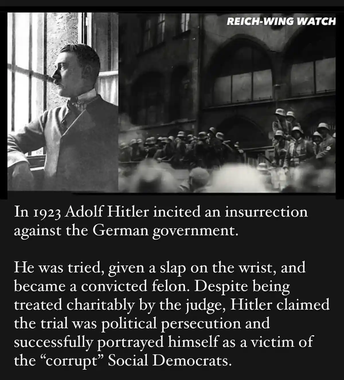 A black-and-white split image shows Adolf Hitler looking out a window on the left and a crowd of soldiers in helmets on the…