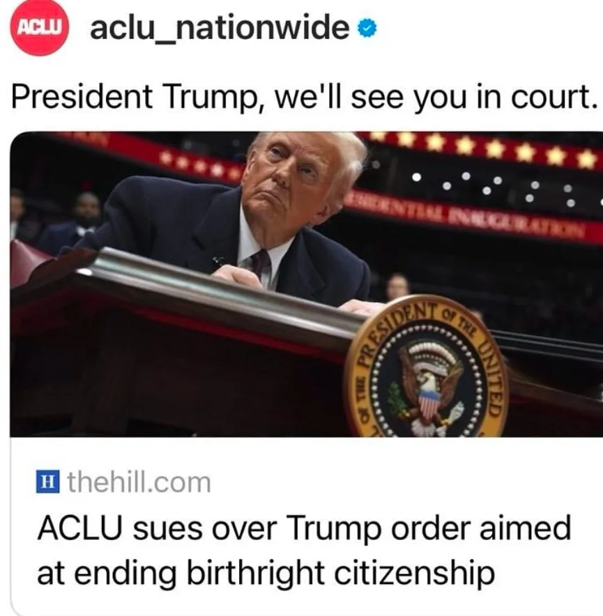 A screenshot of a social media post from the ACLU showing a photo of Donald Trump at a podium with the Presidential Seal…