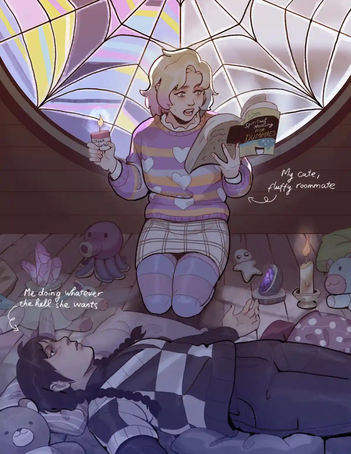 An anime-style illustration shows a blonde woman kneeling under a stained-glass window, holding a candle labeled 'Steak…