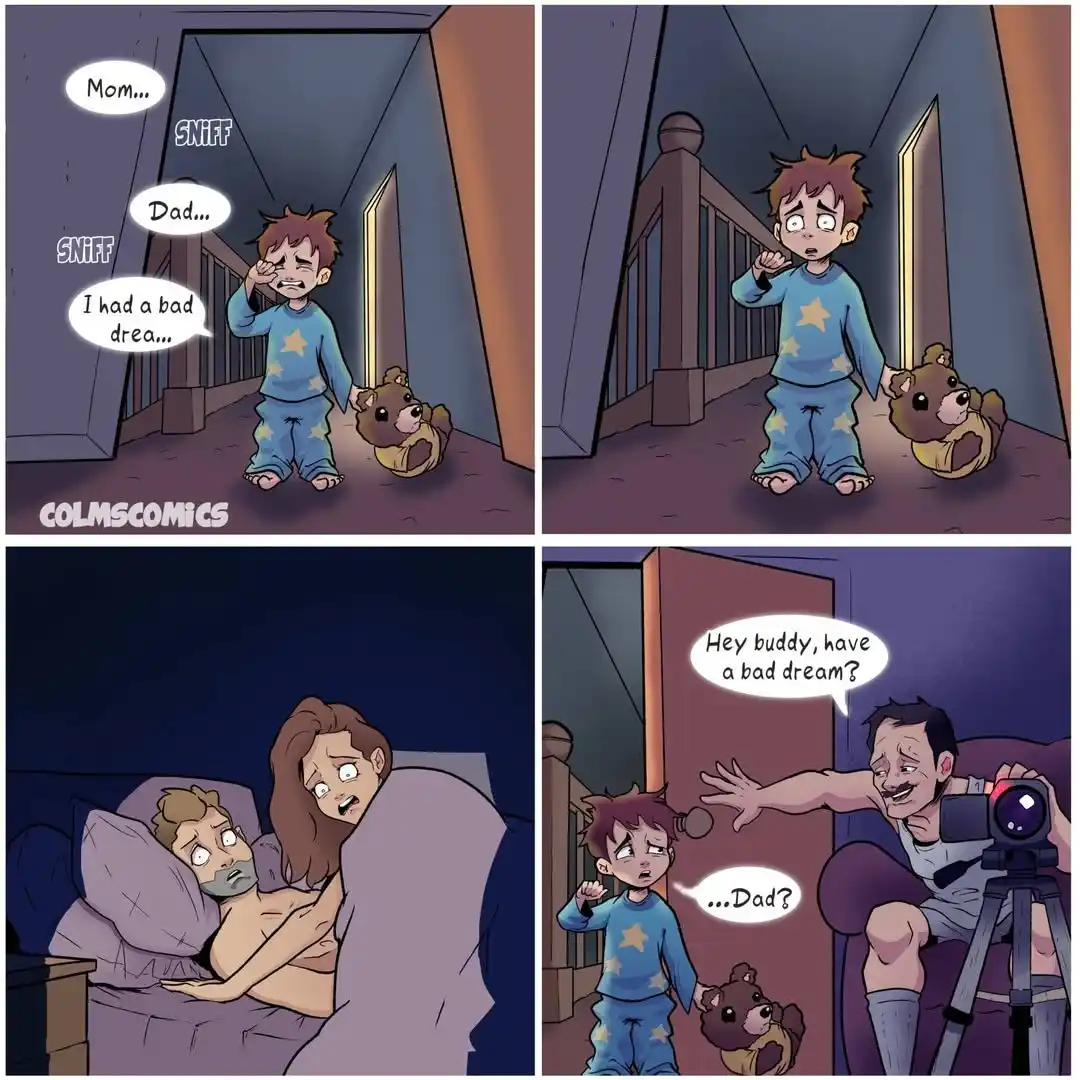 A four-panel comic shows a scared child in pajamas holding a teddy bear, crying and asking for his parents after a bad…