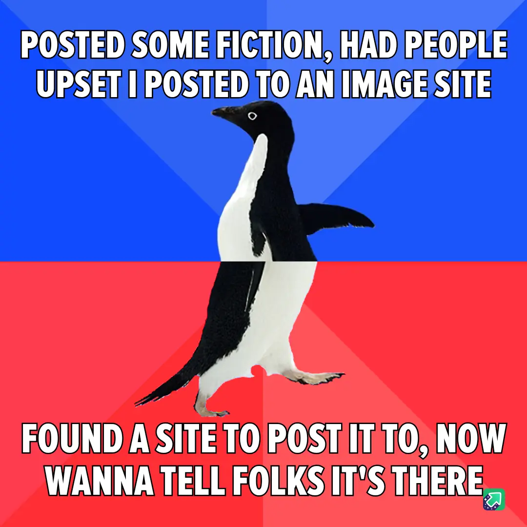 A penguin walks across a split blue and red background, with white bold text above and below. The top text reads 'POSTED…