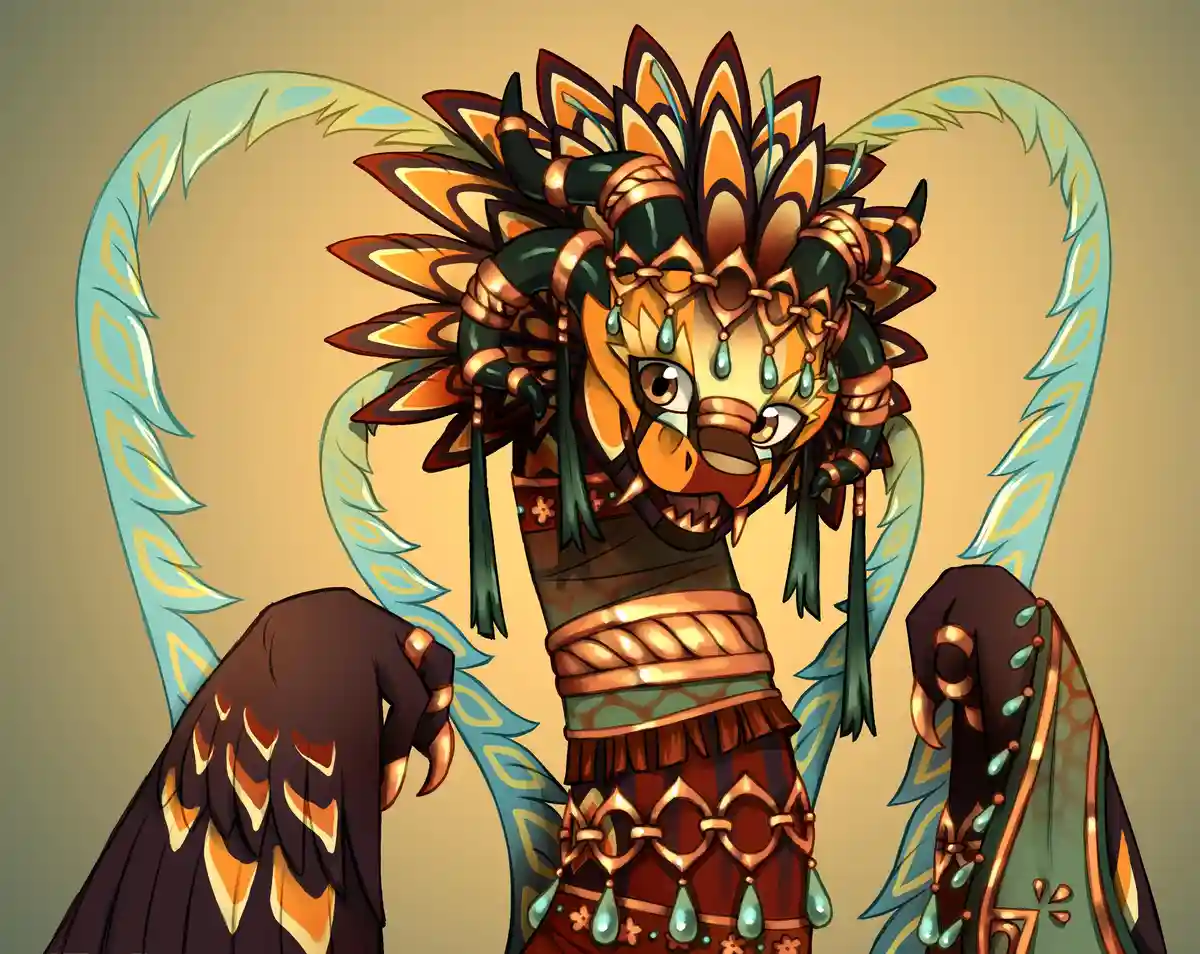 An ornate, stylized anthropomorphic creature with a lion-like face, wearing a large, elaborate headdress with orange, brown…