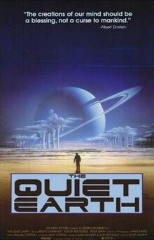 A movie poster for 'The Quiet Earth' shows a lone figure standing on a barren, sandy plain under a vast, dark sky. In the…